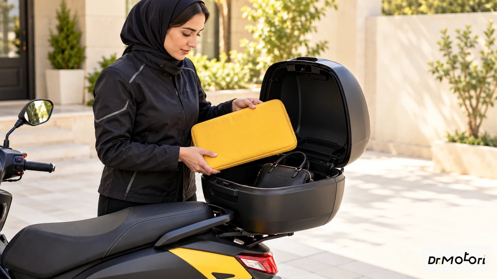 کیف دستی و لپ‌تاپ روی موتور؛ راهنمای چیدن باکس برای رفت‌وآمد خانم‌ها